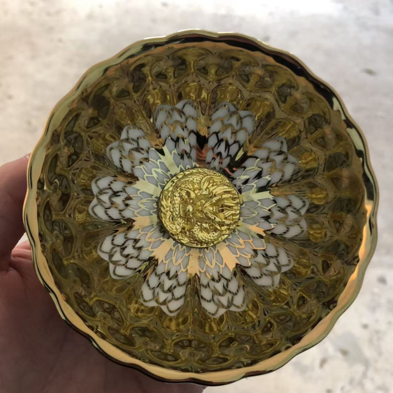 Ceașă de ceai din porțelan placat cu aur, cu motiv păun și lotus în șapte culori, vesela de ceai premium