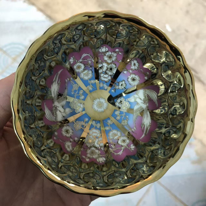 Ceașă de ceai din porțelan placat cu aur, cu motiv păun și lotus în șapte culori, vesela de ceai premium