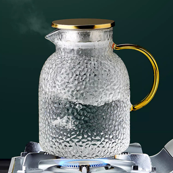 Ceainic pentru apă rece, lux discret, utilizare casnică, sticlă borosilicat transparentă, textură ciocan, capac parțial auriu, mare capacitate, rezistent la temperaturi ridicate
