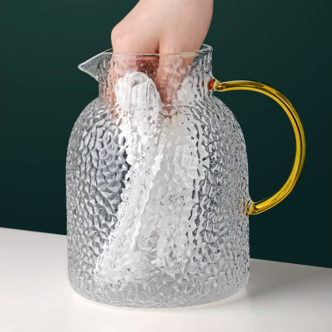 Ceainic pentru apă rece, lux discret, utilizare casnică, sticlă borosilicat transparentă, textură ciocan, capac parțial auriu, mare capacitate, rezistent la temperaturi ridicate