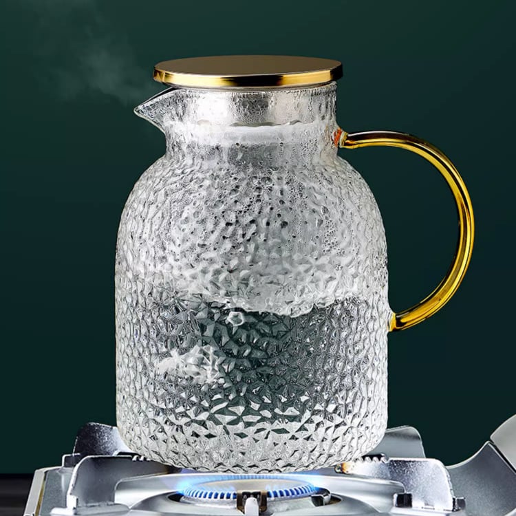 Ceainic pentru apă rece, lux discret, utilizare casnică, sticlă borosilicat transparentă, textură ciocan, capac parțial auriu, mare capacitate, rezistent la temperaturi ridicate