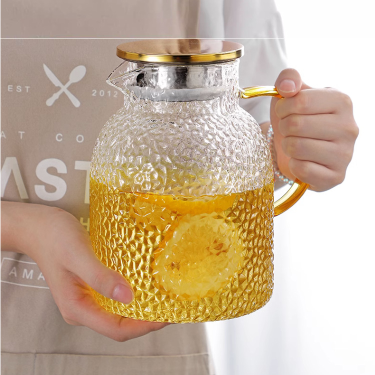 Ceainic pentru apă rece, lux discret, utilizare casnică, sticlă borosilicat transparentă, textură ciocan, capac parțial auriu, mare capacitate, rezistent la temperaturi ridicate