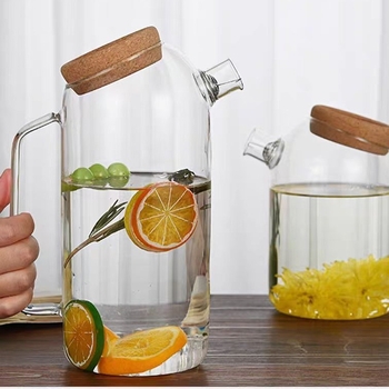 Carafă din sticlă borosilicată pentru apă rece, capac din dop de plută, capacitate mare, transparentă, stil INS