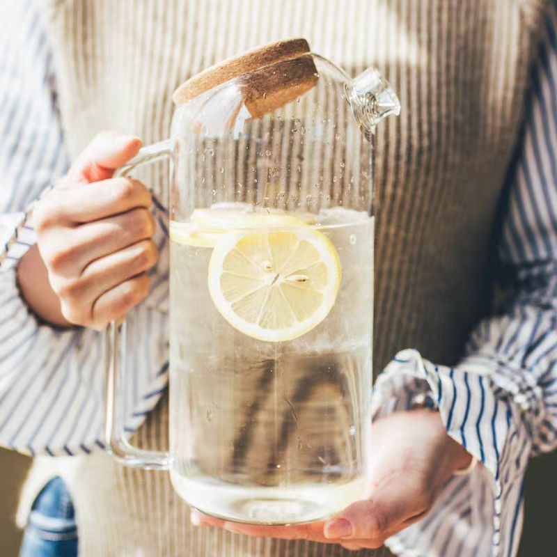 Carafă din sticlă borosilicată pentru apă rece, capac din dop de plută, capacitate mare, transparentă, stil INS