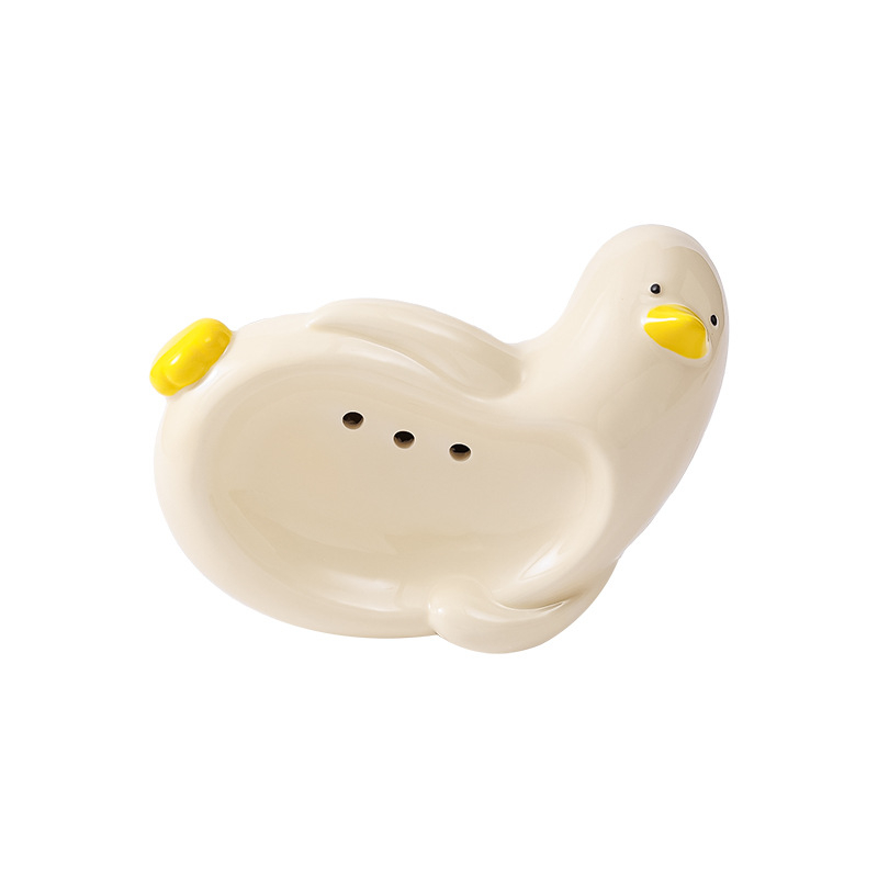 Suport ceramic pentru săpun în formă de rață, cu drenaj, pentru baie