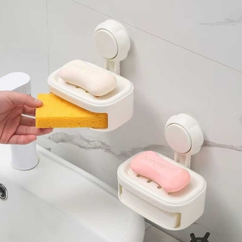 Suport de săpun montat pe perete, fără găuri, cu ventuze, cu două niveluri – organizator multifuncțional pentru baie