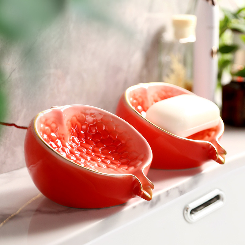 Suport ceramic pentru săpun cu drenaj, design creativ cu rodie, baie în stil lux lejer