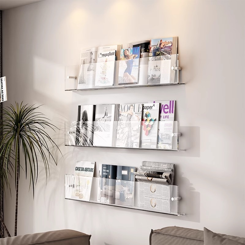 Raft de perete din acril, ultra-subțire, pentru reviste și afișaj, organizator transparent de depozitare
