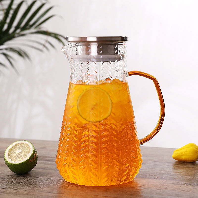 Ceainic din sticlă borosilicată pentru apă rece, cu model ciocan în formă de spic de grâu, și cană Nordic din sticlă