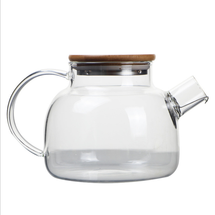 Carafă pentru apă rece din sticlă borosilicat, ceainic transparent pentru fructe, rezistentă la temperaturi, capac din bambus cu inel metalic