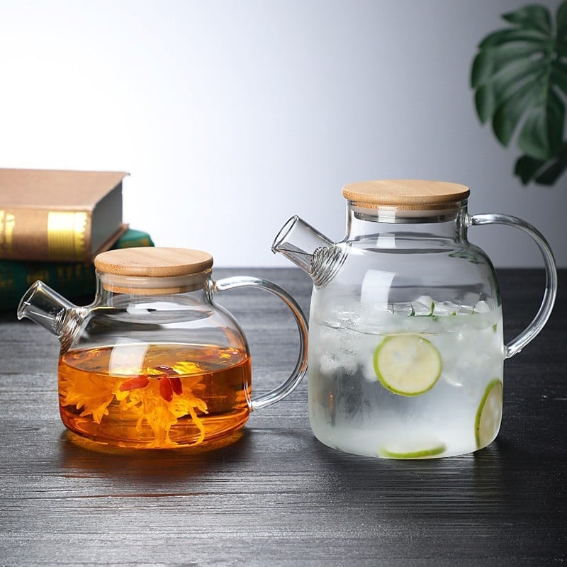 Carafă pentru apă rece din sticlă borosilicat, ceainic transparent pentru fructe, rezistentă la temperaturi, capac din bambus cu inel metalic