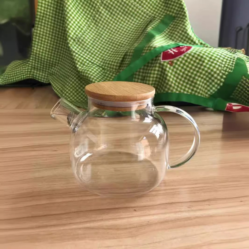 Carafă pentru apă rece din sticlă borosilicat, ceainic transparent pentru fructe, rezistentă la temperaturi, capac din bambus cu inel metalic