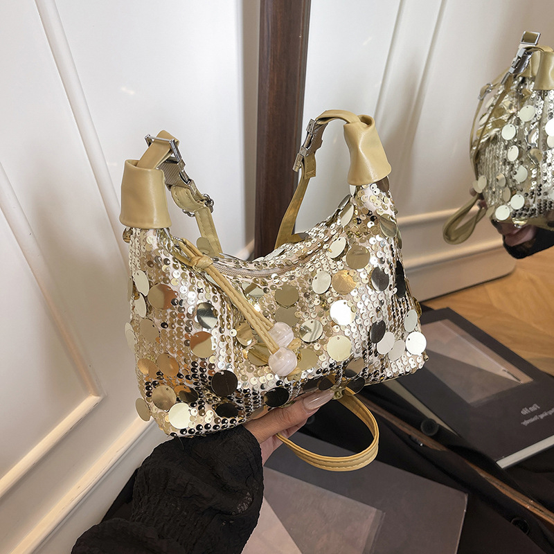 Ženska torba preko ramena sa sequin detaljima, moderno, velika kapaciteta, oblik polumjeseca, lančani remen
