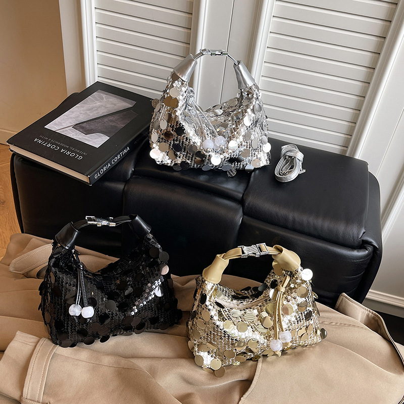 Ženska torba preko ramena sa sequin detaljima, moderno, velika kapaciteta, oblik polumjeseca, lančani remen