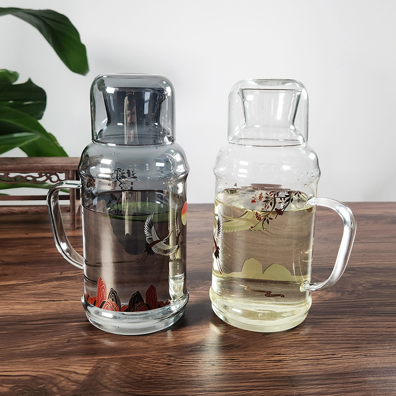 Recipient din sticlă borosilicată cu capac, mare capacitate, pentru băuturi reci, infuzii, stil vintage