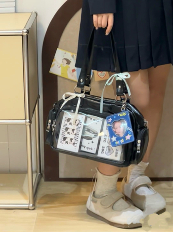 Torba u gradskom stilu s vintage japanskim stilom, velikog kapaciteta za žene, s prozirnim značkom, svestrana za nošenje preko ramena i u ruci