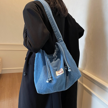 Ženska denim torba tip košara s vezicom, za nošenje preko ramena, srednje veličine