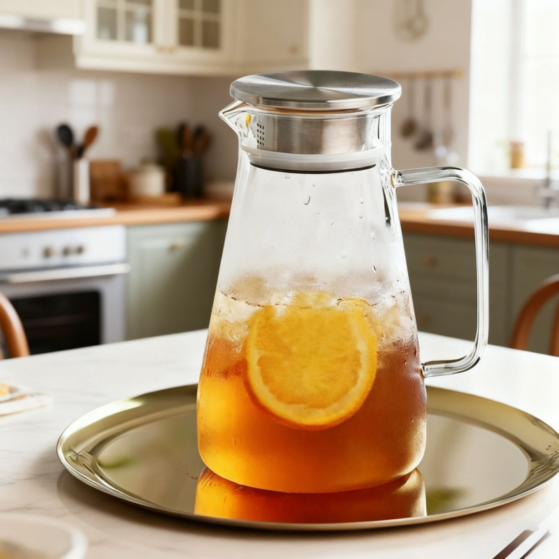Cană mare pentru suc și apă rece, din sticlă borosilicat, transparentă, cu mâner pătrat