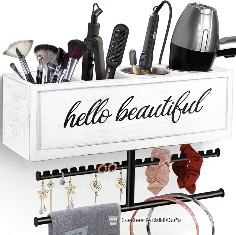 Drevený nástenný úložný box na sušič vlasov, držiak na štetce na make-up a stojan na uteráky