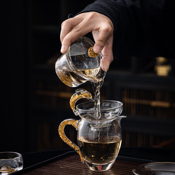 Set de ceai din sticlă de cristal cu accente aurii – ceainic cu capac, set Gongfu complet, cești pentru uz casnic