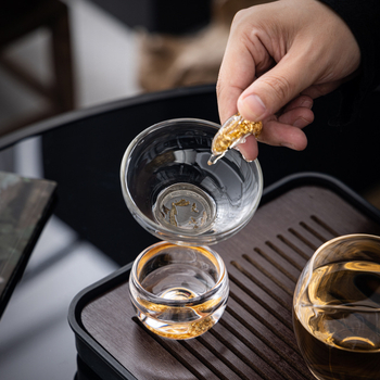 Set de ceai din sticlă de cristal cu accente aurii – ceainic cu capac, set Gongfu complet, cești pentru uz casnic