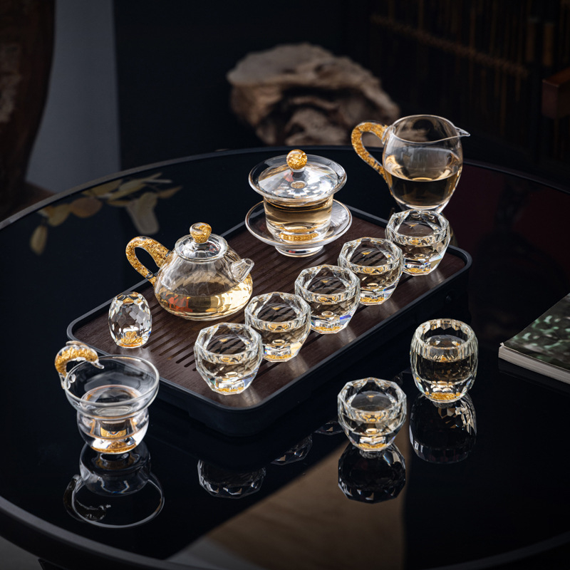 Set de ceai din sticlă de cristal cu accente aurii – ceainic cu capac, set Gongfu complet, cești pentru uz casnic