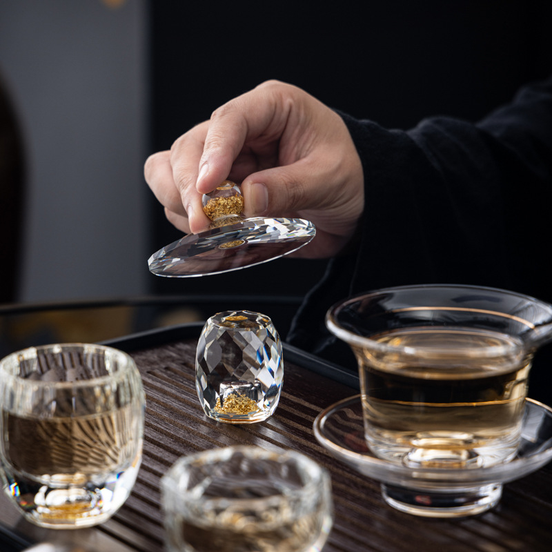 Set de ceai din sticlă de cristal cu accente aurii – ceainic cu capac, set Gongfu complet, cești pentru uz casnic