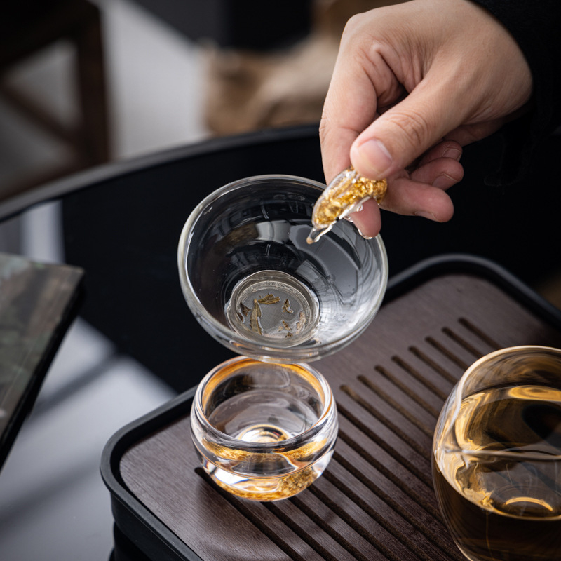 Set de ceai din sticlă de cristal cu accente aurii – ceainic cu capac, set Gongfu complet, cești pentru uz casnic