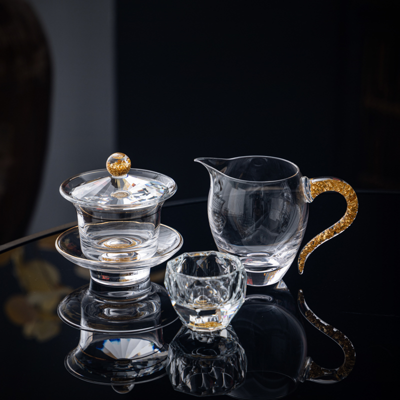 Set de ceai din sticlă de cristal cu accente aurii – ceainic cu capac, set Gongfu complet, cești pentru uz casnic