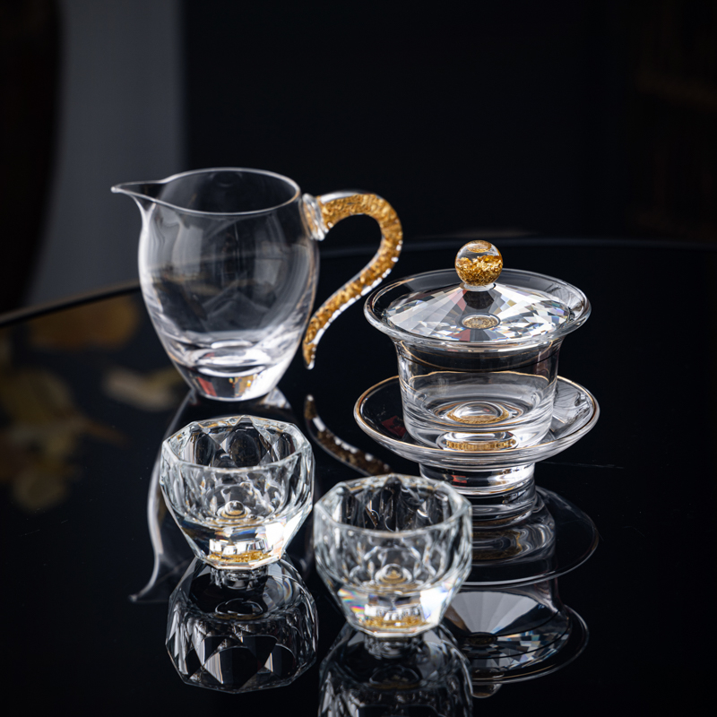 Set de ceai din sticlă de cristal cu accente aurii – ceainic cu capac, set Gongfu complet, cești pentru uz casnic