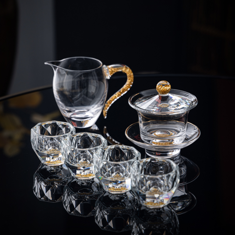Set de ceai din sticlă de cristal cu accente aurii – ceainic cu capac, set Gongfu complet, cești pentru uz casnic