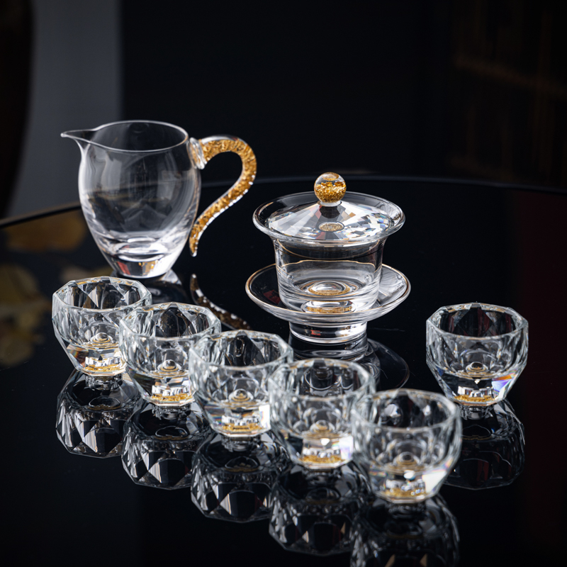Set de ceai din sticlă de cristal cu accente aurii – ceainic cu capac, set Gongfu complet, cești pentru uz casnic