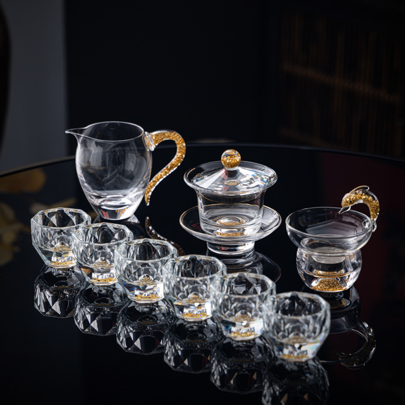 Set de ceai din sticlă de cristal cu accente aurii – ceainic cu capac, set Gongfu complet, cești pentru uz casnic