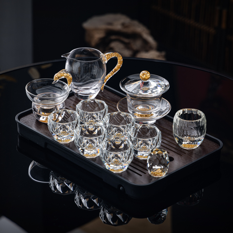 Set de ceai din sticlă de cristal cu accente aurii – ceainic cu capac, set Gongfu complet, cești pentru uz casnic