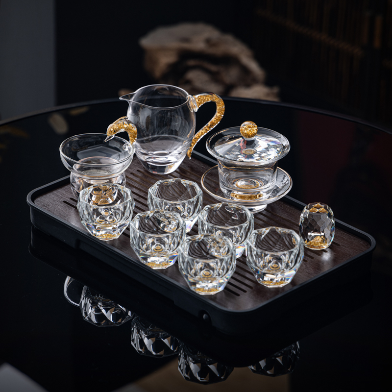 Set de ceai din sticlă de cristal cu accente aurii – ceainic cu capac, set Gongfu complet, cești pentru uz casnic