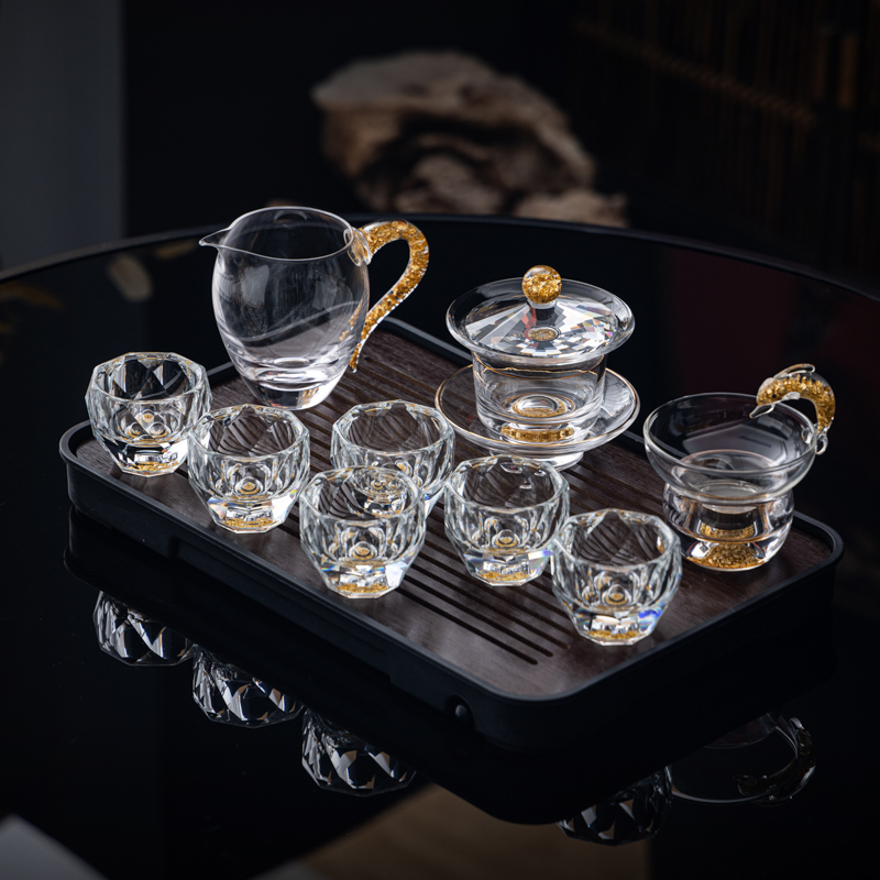Set de ceai din sticlă de cristal cu accente aurii – ceainic cu capac, set Gongfu complet, cești pentru uz casnic