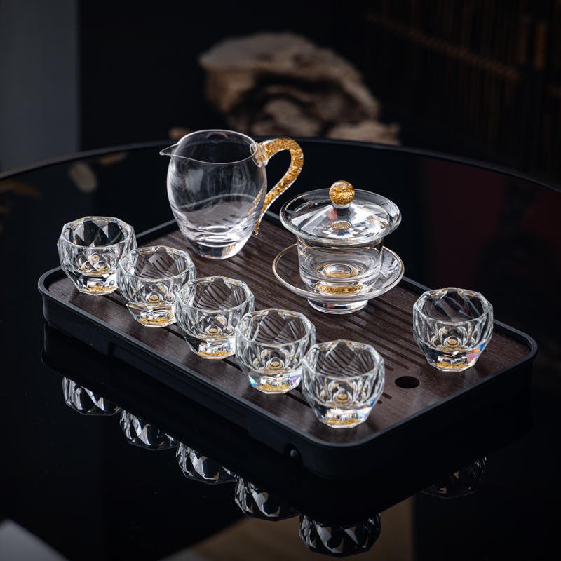 Set de ceai din sticlă de cristal cu accente aurii – ceainic cu capac, set Gongfu complet, cești pentru uz casnic