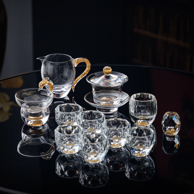 Set de ceai din sticlă de cristal cu accente aurii – ceainic cu capac, set Gongfu complet, cești pentru uz casnic