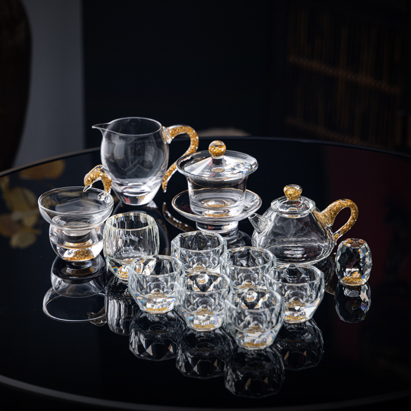 Set de ceai din sticlă de cristal cu accente aurii – ceainic cu capac, set Gongfu complet, cești pentru uz casnic