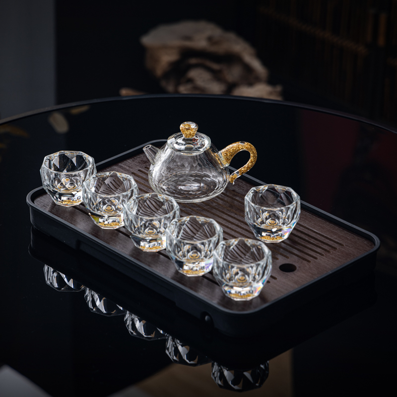 Set de ceai din sticlă de cristal cu accente aurii – ceainic cu capac, set Gongfu complet, cești pentru uz casnic