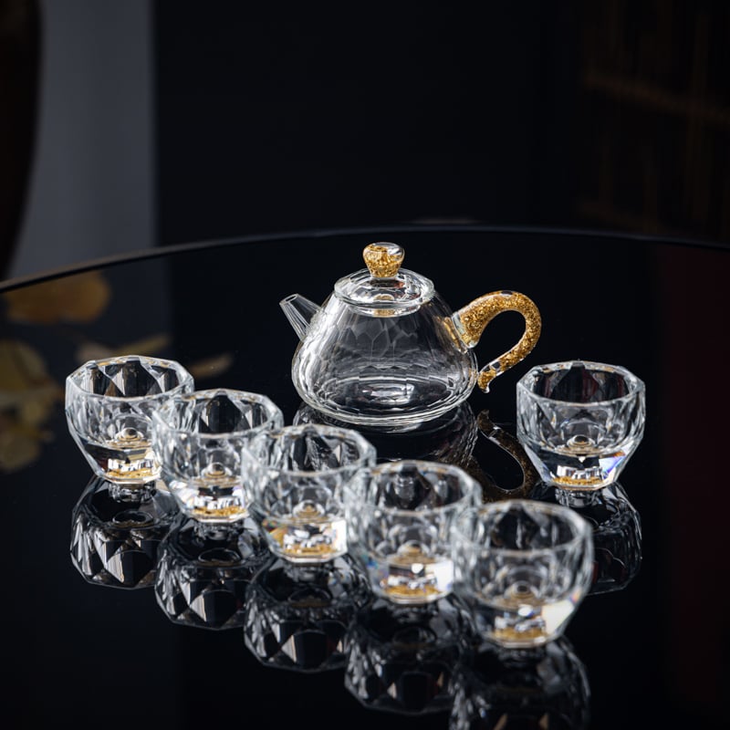 Set de ceai din sticlă de cristal cu accente aurii – ceainic cu capac, set Gongfu complet, cești pentru uz casnic