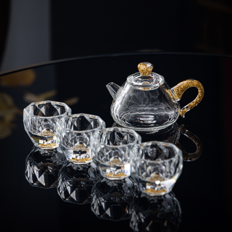 Set de ceai din sticlă de cristal cu accente aurii – ceainic cu capac, set Gongfu complet, cești pentru uz casnic