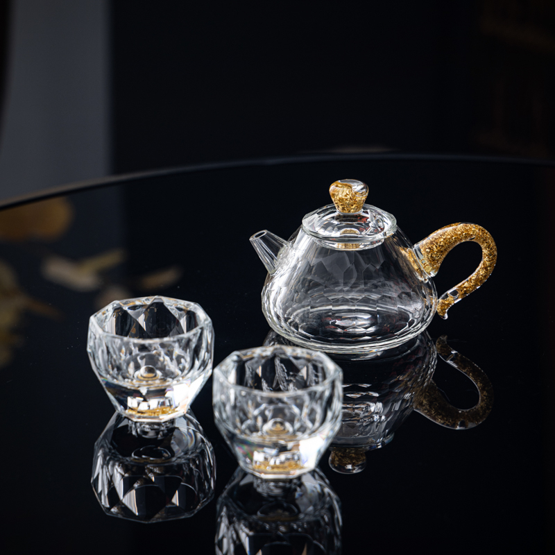 Set de ceai din sticlă de cristal cu accente aurii – ceainic cu capac, set Gongfu complet, cești pentru uz casnic