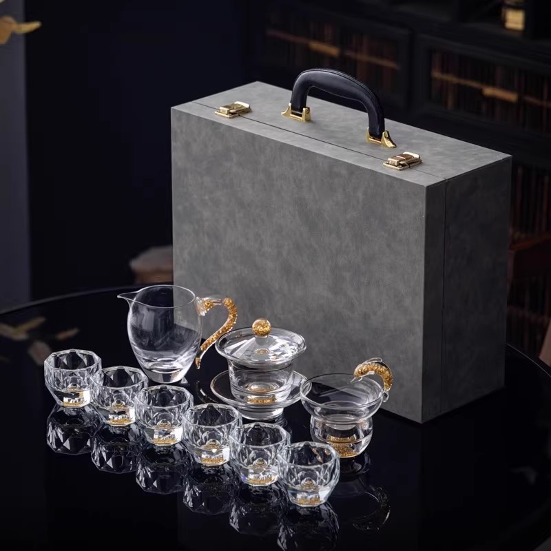 Set de ceai din sticlă de cristal cu accente aurii – ceainic cu capac, set Gongfu complet, cești pentru uz casnic