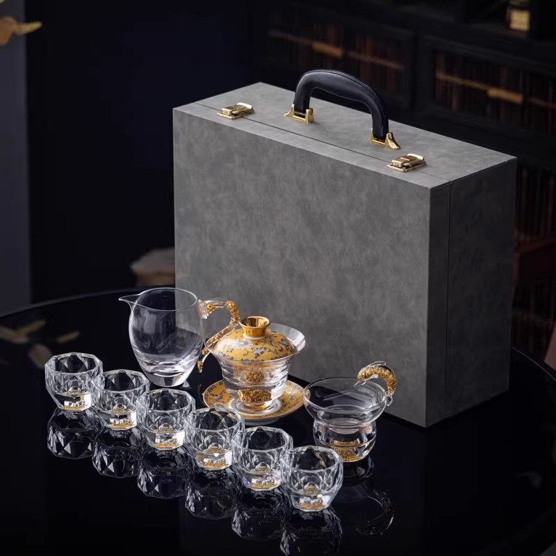 Set de ceai din sticlă de cristal cu accente aurii – ceainic cu capac, set Gongfu complet, cești pentru uz casnic