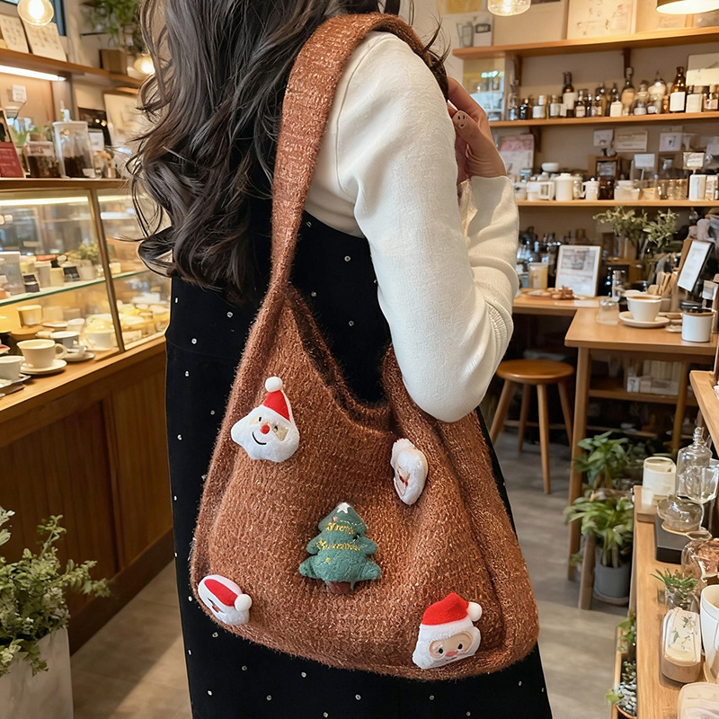 Ženska vunena pletena torba za ramena, ležernog stila, Božić Harajuku Tote s velikim kapacitetom, slatka i moderna
