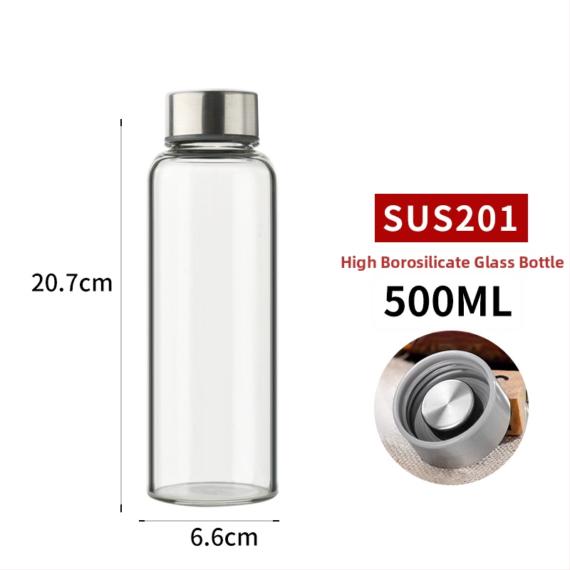 Fľaša z borosilikátového skla s viečkom z nehrdzavejúcej ocele, prenosná a priehľadná na nápoje (300–1000 ml)