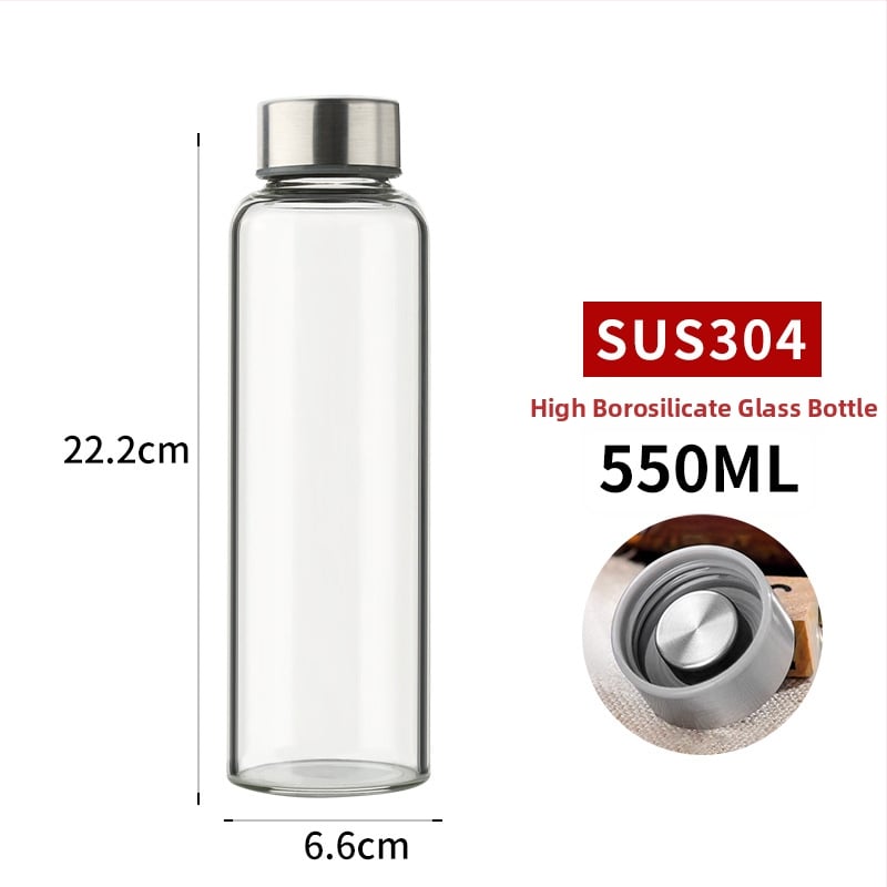 Fľaša z borosilikátového skla s viečkom z nehrdzavejúcej ocele, prenosná a priehľadná na nápoje (300–1000 ml)
