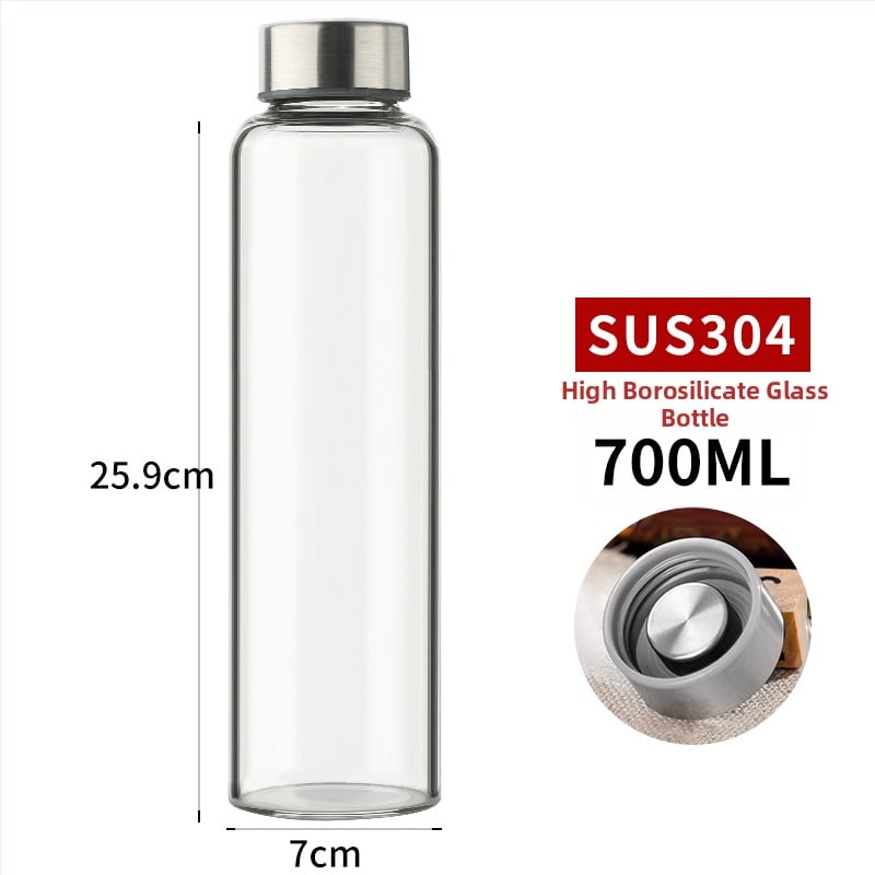 Fľaša z borosilikátového skla s viečkom z nehrdzavejúcej ocele, prenosná a priehľadná na nápoje (300–1000 ml)