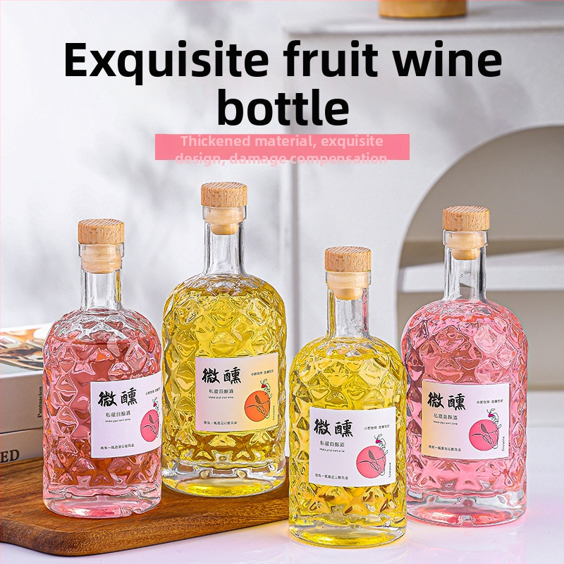 Priehľadná sklenená fľaša na ovocné víno, 500 ml, prázdna a uzavretá, na domáce použitie, s rôznymi uzávermi